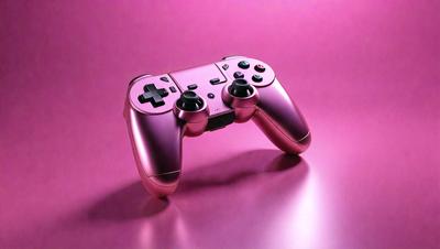 The primary subject of the image is a pink video game controller. The controller is placed on a pink background, which creates a visually striking contrast. The visual style of the image is a close-up of the controller, emphasizing its details and color. The dominant colors in the image are pink and purple, giving the scene a warm and vibrant atmosphere.