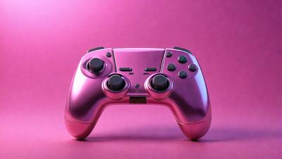 The primary subject of the image is a pink video game controller. The controller is placed on a pink background, which creates a visually striking contrast. The visual style of the image is a digital art or illustration, as it is a close-up of the controller with a clean and detailed appearance. The dominant colors in the image are pink and purple, giving the scene a warm and vibrant atmosphere.
