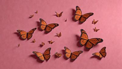 The primary subject of the image is a group of butterflies. There are a total of 11 butterflies in various positions, with some standing upright and others lying down. The butterflies are arranged on a pink surface, which serves as the setting and background of the image. The visual style of the image is a combination of photo and digital art, creating a realistic and artistic representation of the butterflies. The colors and mood of the image are predominantly warm and