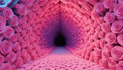 The primary subject of the image is a tunnel made of pink roses. The tunnel is lined with pink roses, creating a unique and visually striking scene. The setting is a pink tunnel, and the visual style appears to be a combination of a photo and digital art. The dominant colors in the image are pink, and the overall atmosphere is one of beauty and creativity.