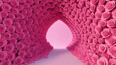 The primary subject of the image is a tunnel made of pink roses. The tunnel is lined with pink roses, creating a beautiful and unique visual effect. The setting is a white background, which contrasts with the pink roses, making them stand out even more. The visual style of the image is a combination of photo and digital art, as it appears to be a real-life tunnel made of roses, but the roses are also digitally manipulated to create the illusion of a tunnel. The colors