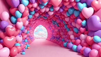 The primary subject of the image is a tunnel made of balloons, with a pink and purple color scheme. The tunnel is lined with numerous balloons, creating a whimsical and playful atmosphere. The setting is a pink and purple tunnel, and the visual style appears to be a digital art or illustration. The colors and mood of the image are predominantly pink and purple, giving it a cheerful and lighthearted vibe.