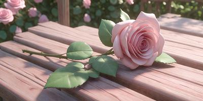 The primary subject of the image is a single pink rose. The rose is placed on a wooden surface, which could be a bench or a table. The setting appears to be outdoors, with a natural environment visible in the background. The visual style of the image is a photo, capturing the beauty of the rose in its natural setting. The dominant colors in the image are pink and green, creating a serene and calming atmosphere.