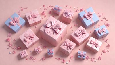 The primary subject of the image is a collection of pink and white gift boxes. These boxes are arranged on a pink background, creating a visually appealing scene. The gift boxes are decorated with pink and white ribbons, adding a touch of elegance to the presentation. The overall atmosphere of the image is warm, inviting, and festive, as it showcases the beautifully wrapped gifts.