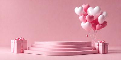 The primary subject of the image is a pink heart-shaped balloon. The setting is a pink background, which creates a warm and romantic atmosphere. The visual style is a photo, capturing the heart-shaped balloon in flight. The colors and mood of the image are predominantly pink, evoking feelings of love and affection.