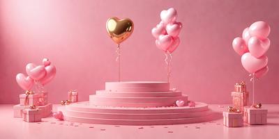 The primary subject of the image is a pink heart-shaped cake with a gold heart balloon on top. The cake is placed on a pink pedestal, and the scene is set against a pink background. The visual style of the image is digital art, and the dominant colors are pink and gold, creating a warm and romantic atmosphere.