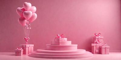 The primary subject of the image is a pink cake with a bow on top, placed on a pink table. The setting is a pink background, which creates a warm and inviting atmosphere. The visual style is a photo, capturing the cake and its surroundings in detail. The colors and mood of the image are predominantly pink, giving it a feminine and celebratory feel.
