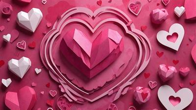 The primary subject of the image is a heart-shaped paper cutout. The heart is pink and is placed on a pink background. The visual style of the image is a combination of digital art and illustration, giving it a unique and creative appearance. The colors and mood of the image are predominantly pink, which adds a sense of warmth and love to the scene.