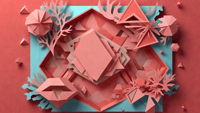 The primary subject of the image is a 3D paper model of a red and pink structure, which appears to be a house. The setting is a blue and pink background, creating a vibrant and colorful atmosphere. The visual style is a combination of digital art and illustration, as the paper model is created using a digital medium. The colors and mood of the image are predominantly red and pink, giving it a warm and inviting feel.