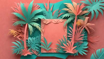 The primary subject of the image is a picture of a tropical scene, featuring a palm tree and a pink background. The setting is a pink and green background, which adds to the tropical atmosphere. The visual style of the image is a combination of a photo and a digital art, creating a unique and vibrant appearance. The colors and mood of the image are predominantly pink and green, giving it a warm and inviting feel.