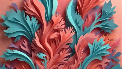 The primary subject of the image is a colorful, abstract design featuring a mix of red, blue, and green colors. The design appears to be a combination of a painting and a paper cutout. The setting is a pink background, which adds to the vibrant and lively atmosphere of the image. The visual style is a mix of artistic expression and digital art, creating a unique and eye-catching piece.