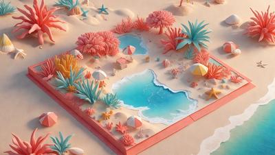 The primary subject of the image is a sandy beach scene with a pink and blue color scheme. The setting includes a body of water, possibly a lake, and a sandy area with a few palm trees. The visual style appears to be a combination of digital art and illustration, creating a vibrant and lively atmosphere. The colors and mood of the scene are predominantly pink and blue, giving it a warm and inviting feel.