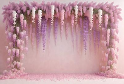 The primary subject of the image is a large, pink flower arrangement. The setting is a pink wall, which serves as the backdrop for the flower arrangement. The visual style is a combination of photo and digital art, creating a realistic yet artistic representation of the flower arrangement. The colors and mood of the image are predominantly pink, giving it a warm and inviting atmosphere.