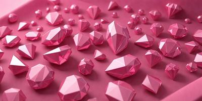 The primary subject of the image is a collection of pink diamond shapes, which are arranged on a pink surface. The setting appears to be a pink background, which adds to the overall mood of the image. The visual style of the image is a combination of photo and digital art, creating a unique and eye-catching design. The dominant colors in the image are pink, which is the color of the diamonds and the background, and the overall atmosphere is one of elegance and sophistication.