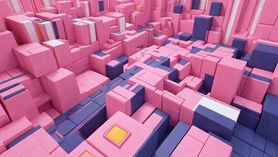 The primary subject of the image is a three-dimensional, pink and blue, abstract artwork. The setting is a pink and blue, textured environment. The visual style is a combination of digital art and illustration. The dominant colors are pink and blue, creating a vibrant and lively atmosphere.