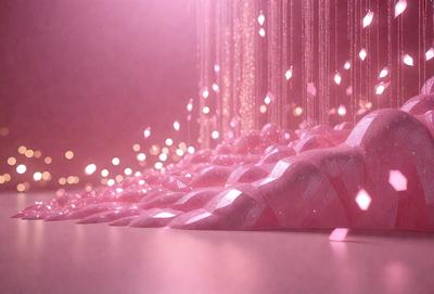 The primary subject of the image is a pink and white patterned surface, which appears to be a piece of art or a decorative item. The setting is a room with a pink background, and the visual style is a combination of photo and digital art. The colors and mood of the image are predominantly pink and white, creating a warm and inviting atmosphere.