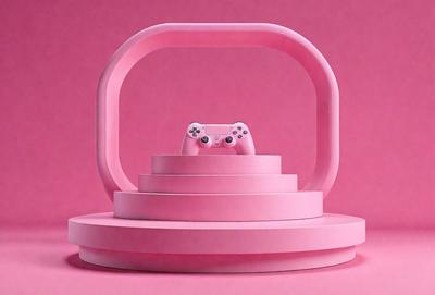 The primary subject of the image is a pink display featuring a stack of four pink platforms. On top of each platform, there is a pink and white video game controller, specifically a PlayStation controller. The setting appears to be a pink background, which complements the vibrant colors of the display. The visual style of the image is a combination of digital art and illustration, creating a unique and eye-catching presentation. The overall atmosphere of the image is playful and fun, with the pink and white colors