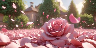 The primary subject of the image is a single pink rose, which is the focal point of the scene. The rose is surrounded by a field of pink petals, creating a visually appealing and romantic atmosphere. The setting appears to be a garden or an outdoor space, with a house visible in the background. The visual style of the image is a combination of photo and digital art, giving it a unique and artistic appearance. The dominant colors in the image are pink and white, which evoke feelings of love