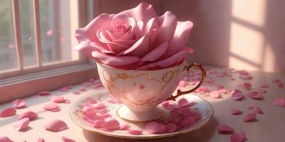 The primary subject of the image is a pink rose, which is placed inside a white cup. The setting is a table with a window in the background. The visual style is a combination of photo and digital art, creating a realistic yet artistic representation of the rose in the cup. The dominant colors are pink and white, giving the image a warm and elegant atmosphere.