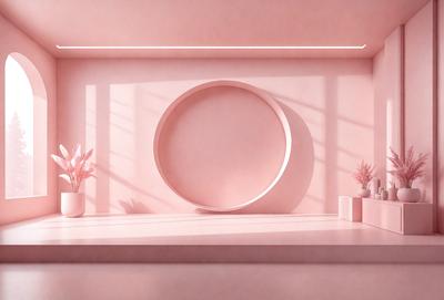 The primary subject of the image is a large, round, pink wall decoration. The setting is a room with a counter, and the visual style appears to be a painting or a digital artwork. The colors and mood of the image are predominantly pink, creating a warm and inviting atmosphere.