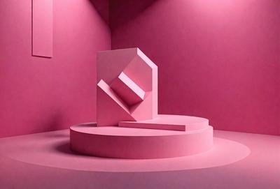 The primary subject of the image is a large, pink, geometric sculpture. The sculpture is placed on a pink surface, which could be a wall or a platform. The setting appears to be a room with a pink background, giving the scene a unique and vibrant atmosphere. The visual style of the image is a combination of digital art and illustration, creating a striking and eye-catching display.