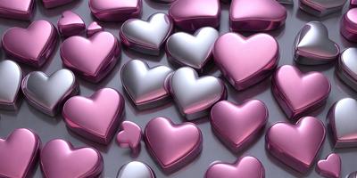 The primary subject of the image is a collection of pink and silver heart-shaped containers. These containers are arranged in a visually appealing manner, creating a sense of harmony and unity. The setting is a white background, which provides a clean and uncluttered environment for the heart containers. The visual style of the image is a combination of photo and digital art, as the heart containers appear to be a mix of real and artificial elements. The colors and mood of the image are predominantly pink and silver,