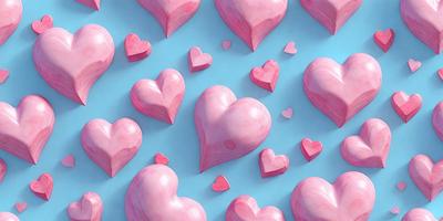 The primary subject of the image is a collection of pink hearts. These hearts are arranged in various positions and sizes, creating a visually appealing and playful scene. The setting is a blue background, which contrasts nicely with the pink hearts. The visual style is a combination of digital art and illustration, giving the image a unique and creative appearance. The dominant colors are pink and blue, which evoke feelings of love, warmth, and happiness.