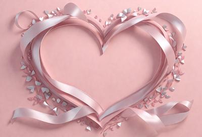 The primary subject of the image is a heart-shaped decoration made of pink and white ribbons. The heart is placed on a pink background, which adds a warm and romantic touch to the scene. The visual style of the image is a combination of digital art and illustration, as the heart is carefully crafted and arranged to create a visually appealing and heartwarming display. The colors and mood of the image are predominantly pink and white, which evoke feelings of love, affection