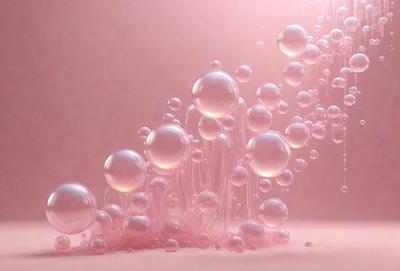 The primary subject of the image is a close-up of a pink background with a large number of bubbles floating on it. The setting appears to be a pink surface, possibly a wall or a table. The visual style of the image is a combination of photo and digital art, creating a unique and eye-catching effect. The dominant colors in the image are pink and white, giving it a soft and dreamy atmosphere.