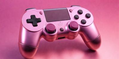 The primary subject of the image is a pink video game controller. The controller is placed on a pink surface, which creates a visually striking contrast with the controller's color. The setting appears to be a room with a pink background, which further emphasizes the vibrant hue of the controller. The visual style of the image is a close-up of the controller, highlighting its details and design. The colors and mood of the image are predominantly pink, giving it a warm and inviting atmosphere