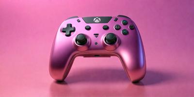 The primary subject of the image is a pink video game controller. The controller is placed on a pink background, which creates a visually striking contrast. The visual style of the image is a close-up of the controller, emphasizing its unique color and design. The dominant colors in the image are pink and purple, giving the scene a vibrant and lively atmosphere.
