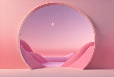 The primary subject of the image is a large, pink, circular structure with a reflection of a moon in its center. The setting is a pink background, which adds a warm and inviting atmosphere to the scene. The visual style is a combination of digital art and illustration, creating a unique and eye-catching design. The colors and mood of the image are predominantly pink, giving it a soft and feminine feel.