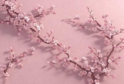The primary subject of the image is a branch of pink flowers. The setting is a pink wall, which serves as the background. The visual style is a combination of photo and digital art, creating a realistic yet artistic representation of the flowers. The dominant colors are pink and white, giving the image a warm and inviting atmosphere.