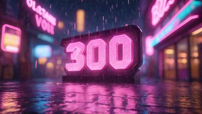 The primary subject of the image is a large pink sign with the number 300 on it. The sign is placed on a wet street, which adds a sense of depth and atmosphere to the scene. The setting appears to be a city street at night, with the lights from the surrounding buildings illuminating the area. The visual style of the image is a combination of photo and digital art, creating a unique and eye-catching display. The dominant colors in the image are pink and purple, giving the scene a v