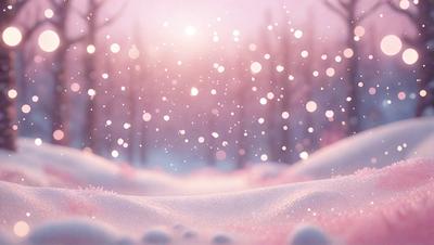 The primary subject of the image is a snowy landscape with a pinkish hue. The setting is a forest with trees, and the visual style appears to be a digital art or illustration. The dominant colors are pink and white, creating a serene and peaceful atmosphere.