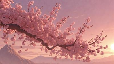 The primary subject of the image is a tree with pink flowers. The tree is located in a mountainous area, with a mountain visible in the background. The visual style of the image is a digital art or illustration, creating a vibrant and colorful scene. The dominant colors in the image are pink and purple, giving the scene a warm and inviting atmosphere.