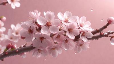 The primary subject of the image is a branch with pink flowers on it. The setting is a pink background, which adds a warm and vibrant atmosphere to the scene. The visual style is a close-up of the branch with flowers, showcasing the details of the pink petals and the branch's texture. The colors and mood of the image are predominantly pink, creating a sense of freshness and beauty.