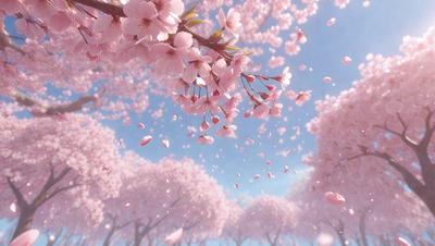The primary subject of the image is a tree filled with pink flowers. The tree is surrounded by a blue sky, creating a serene and beautiful atmosphere. The visual style of the image is a digital art or illustration, showcasing the vibrant colors and intricate details of the flowers. The colors and mood of the image are predominantly pink and calming, as the tree and its flowers are the main focus of the scene.