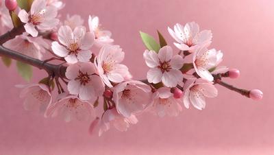 The primary subject of the image is a branch with pink flowers on it. The setting is a pink background, which adds a warm and vibrant atmosphere to the scene. The visual style is a close-up of the flowers, showcasing their details and beauty. The colors and mood of the image are predominantly pink, creating a sense of freshness and elegance.