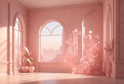 The primary subject of the image is a large pink flower arrangement, which is placed in a room with a pink wall. The setting appears to be a room with a window, and the visual style is a combination of photo and digital art. The dominant colors in the image are pink, and the overall atmosphere is warm and inviting.