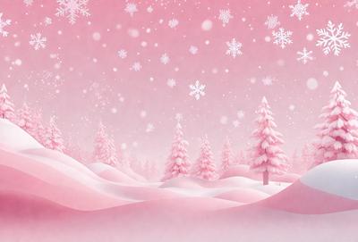 The primary subject of the image is a snowy landscape with pink trees and a sky filled with snowflakes. The setting is a winter scene with a pinkish hue, creating a serene and peaceful atmosphere. The visual style is a digital art or illustration, showcasing the artist's creativity and attention to detail. The colors and mood of the image are predominantly pink, which adds a touch of warmth and beauty to the otherwise cold and snowy environment.