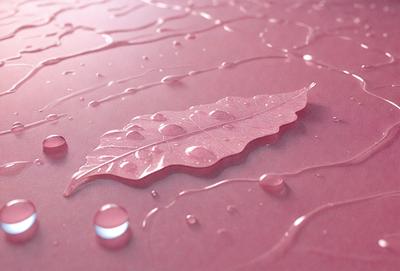 The primary subject of the image is a leaf, which is placed on a pink surface. The setting appears to be a wet surface, possibly a pink table or a pink background. The visual style of the image is a close-up of the leaf, with a focus on its details. The colors in the image are predominantly pink, creating a warm and inviting atmosphere.