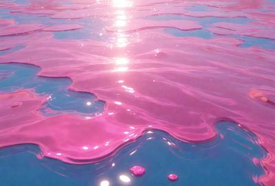The primary subject of the image is a pink liquid, possibly a pink substance or a pink water surface. The setting is a body of water, possibly a lake or a pool, with a sunset in the background. The visual style appears to be a combination of a photo and digital art, creating a unique and artistic representation of the scene. The colors and mood of the image are predominantly pink, giving it a warm and inviting atmosphere.