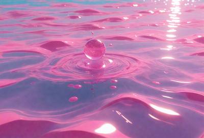 The primary subject of the image is a bubble floating on a pink surface, which appears to be a water-like substance. The setting is a pink ocean, and the visual style is a digital art or illustration. The dominant colors in the image are pink and purple, creating a calm and serene atmosphere.