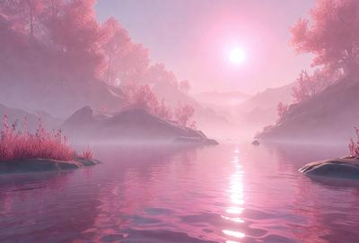 The primary subject of the image is a serene scene of a body of water, possibly a lake or a river, with a pinkish hue. The water appears to be reflecting the sun, creating a beautiful and calming atmosphere. The setting is a forest, with trees surrounding the water. The visual style of the image is a combination of photo and digital art, creating a unique and captivating scene. The colors and mood of the image are predominantly pink, which adds a sense of tranquility and