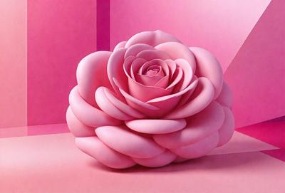 The primary subject of the image is a large, pink, plastic rose. The rose is placed on a pink surface, which serves as the setting or background. The visual style of the image is a combination of photo and digital art, as it appears to be a realistic representation of a rose, but the pink color and the plastic material suggest that it might be a digital artwork. The dominant colors in the image are pink and white, creating a soft and delicate atmosphere.