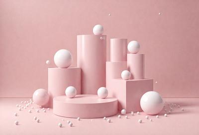 The primary subject of the image is a pink display featuring a stack of white balls. The setting is a pink background, which adds a vibrant and warm atmosphere to the scene. The visual style is a combination of digital art and illustration, creating a unique and eye-catching presentation. The colors and mood convey a sense of playfulness and creativity, making the display an attractive focal point.