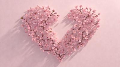 The primary subject of the image is a heart-shaped arrangement of pink flowers. The heart is made up of multiple branches with flowers on them, creating a visually appealing and artistic display. The setting is a white wall, which serves as a clean and neutral backdrop for the heart-shaped flower arrangement. The visual style of the image is a combination of photo and digital art, as it appears to be a carefully crafted composition of pink flowers. The colors and mood of the image are predominantly p