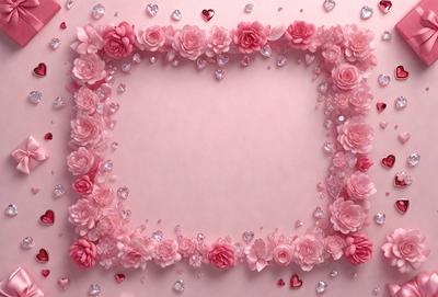 The primary subject of the image is a pink frame with a heart-shaped design. The frame is adorned with pink flowers, which are scattered throughout the frame. The setting is a pink background, which complements the heart-shaped frame and the flowers. The visual style of the image is a combination of digital art and illustration, creating a unique and eye-catching design. The colors and mood of the image are predominantly pink, which gives it a warm and inviting atmosphere.