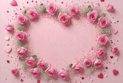 The primary subject of the image is a heart-shaped arrangement of pink roses. The heart is made up of multiple pink roses, some of which are placed in the center of the heart, while others are positioned around the edges. The heart is set against a pink background, which complements the color of the roses. The visual style of the image is a close-up of the heart-shaped arrangement of roses, showcasing the details of the flowers and their arrangement. The colors and m